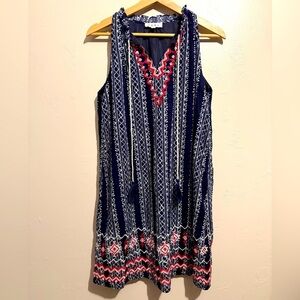 Anthropologie THML Navy, Red & White Embroidered Swing Dress Tassel Accents Med
